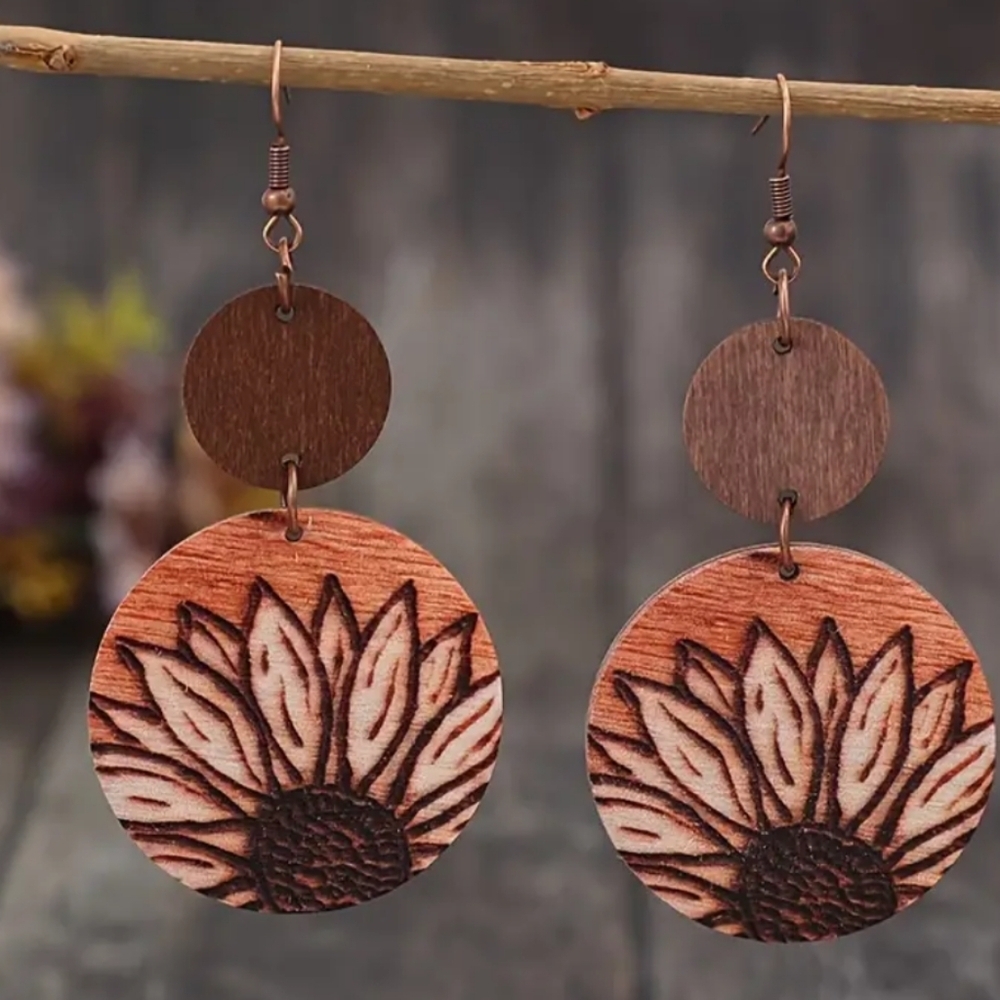 2/$30 Or 3/$35 NEW Y2K‎ Sunflower Summer Western Wooden Boho Earrings-(#0144)
